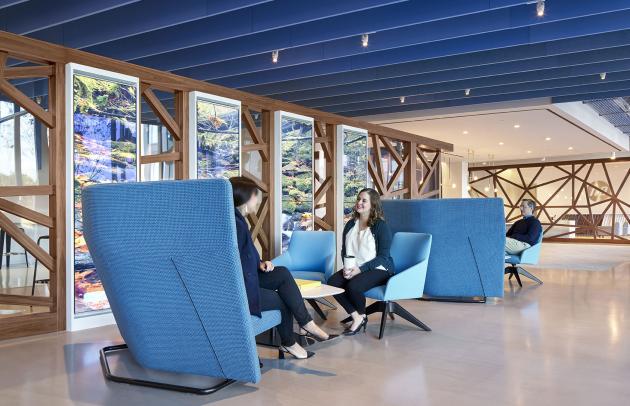 Trinity Gate Investments interview with Acousti Engineering, people chatting on blue sofas under an acoustic celling